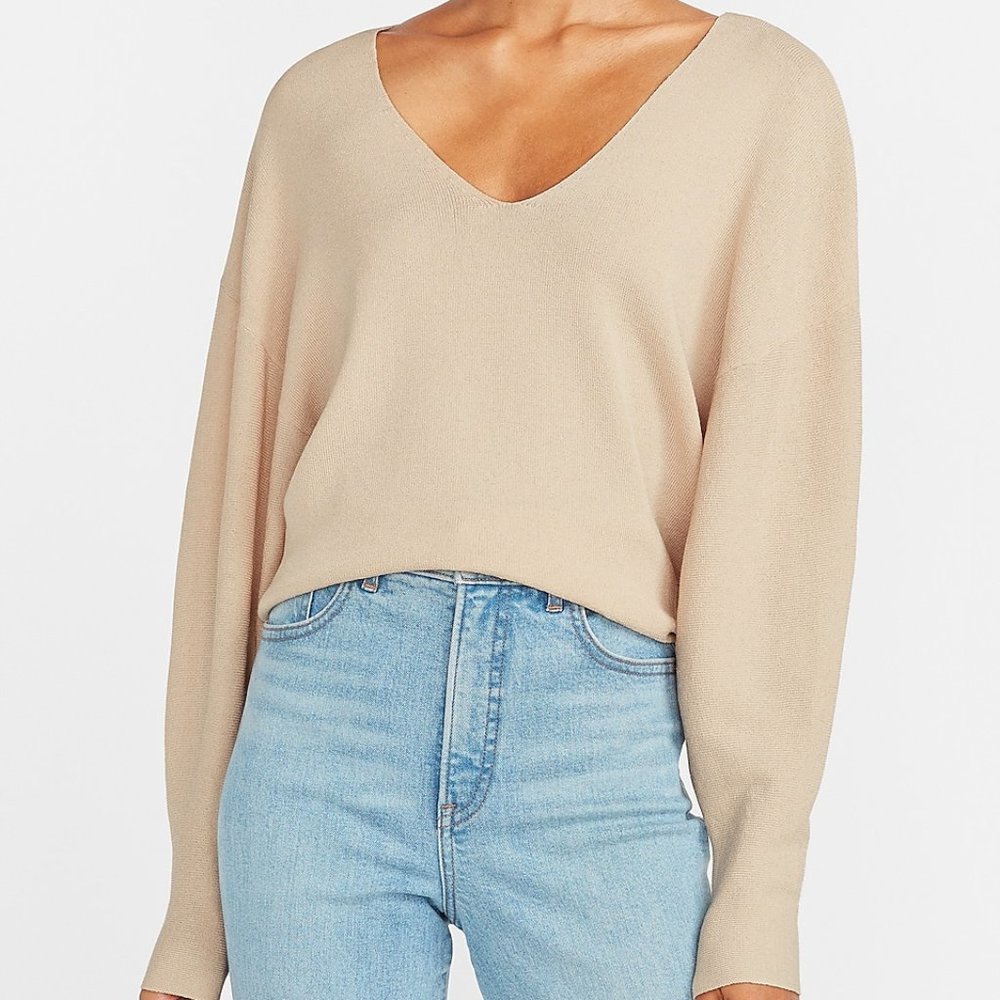 Express Soft Knit Balloon Sleeve V-Neck Beige Cream Top Sweater Small